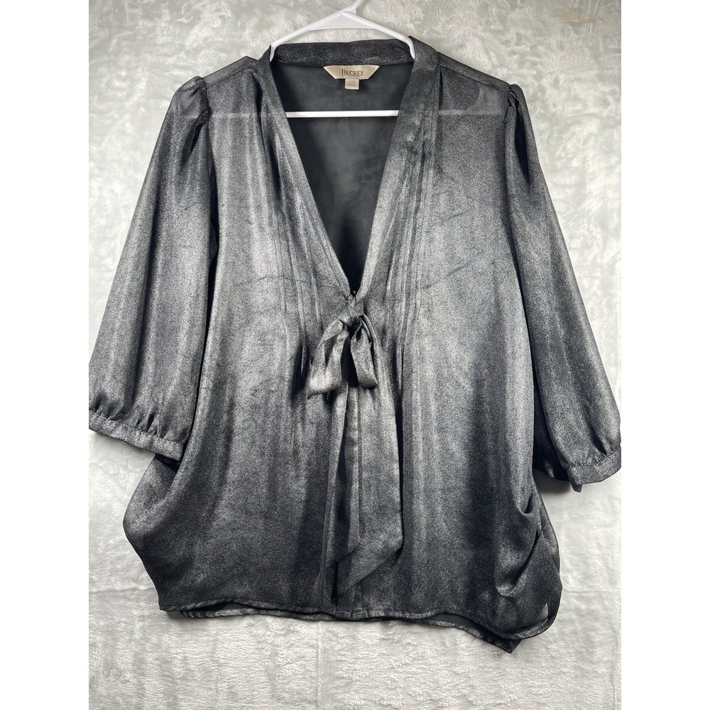 Decree Womens Size L Gunmetal 3/4 Sleeve Blouse Edgy Boho Semi Sheer Bow